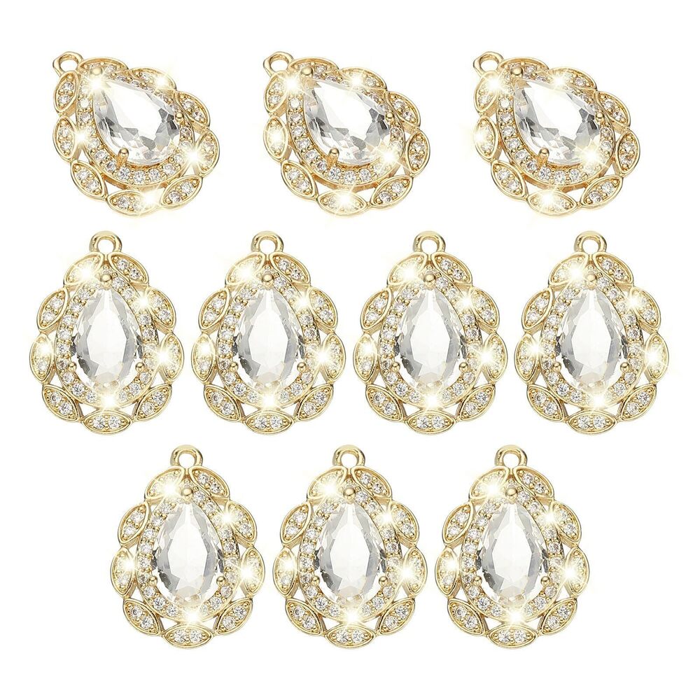 2654 10 Pcs Teardrop Charms, Zirconia Gold Plated Pendants Crystal Charm